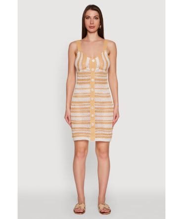 Trendy Striped Crochet V-Neck Sleeveless Sundress with Faux Buttons