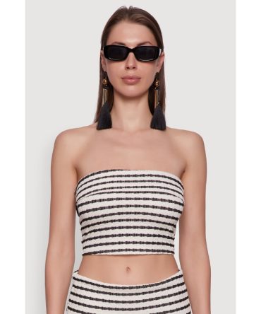 Trendy Striped Textured Knit Fold Over Tube Top