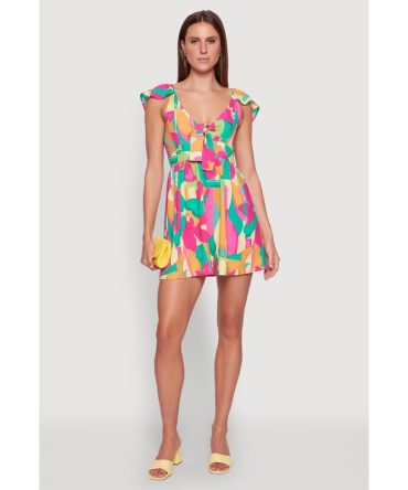 Trendy Tie Front V-Neck Sundress with Flutter Cap Sleeves