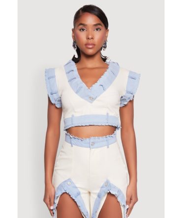 Contrast Trim Denim Crop Top