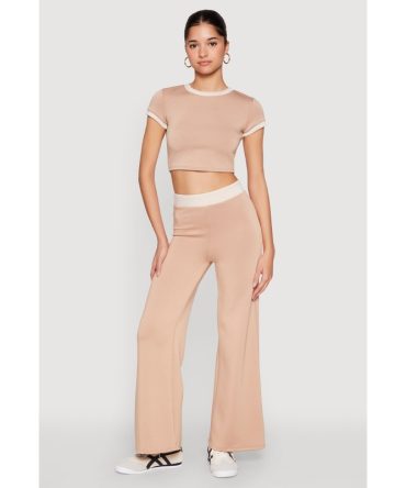 Contrast Waistband Wide Leg Pants