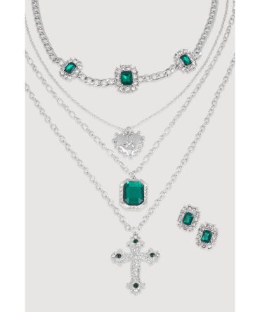 Cubic Zirconia Cross Layered Necklace and Stud Earrings