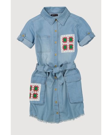 Girls Crochet Patch Chambray Shirt Dress