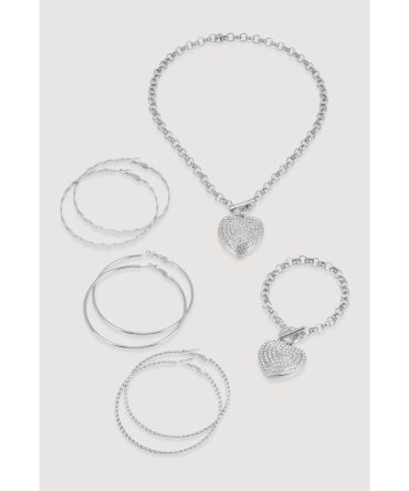 Heart Toggle Necklace and Bracelet with Hoop Earring Trio
