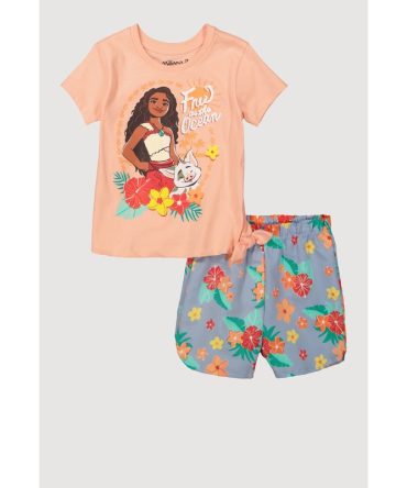 Little Girls Moana Tie Side Graphic Tee and Shorts