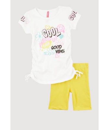 Little Girls Side Ruched Cool Graphic Tee and Biker Shorts