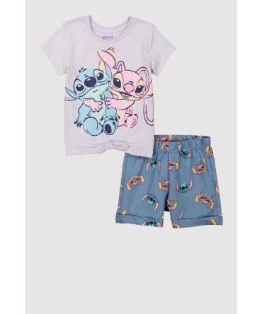 Little Girls Stitch and Angel Graphic Tee and Chambray Shorts