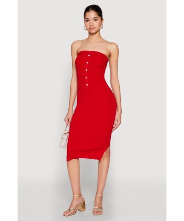 Ribbed Knit Faux Pearl Detail Tube Dress