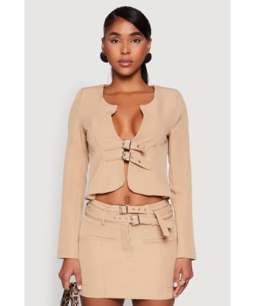 Buckle Front Padded Shoulder Blazer
