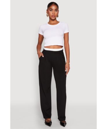 Contrast Waistband Wide Leg Dress Pants