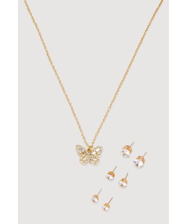 Cubic Zirconia Butterfly Charm Necklace and Stud Earrings