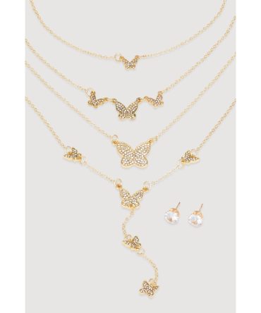 Cubic Zirconia Layered Butterfly Necklace and Stud Earrings