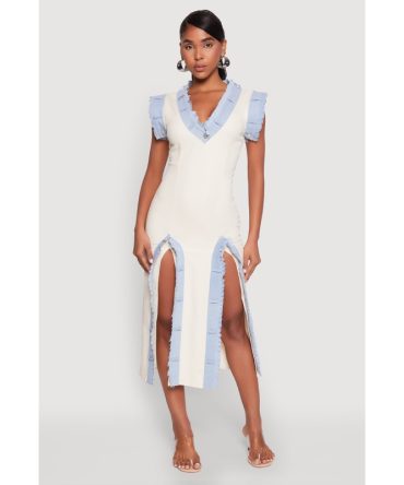 Denim Trim High Slit Midi Dress