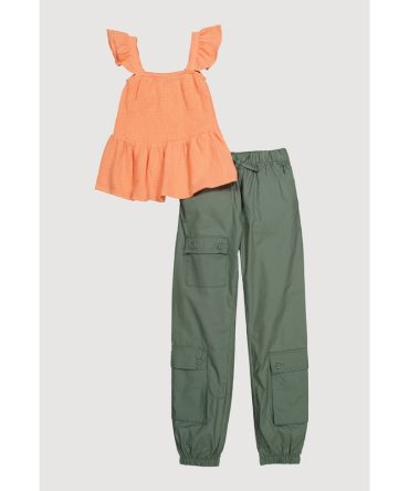 Girls Smocked Peplum Top and Cargo Joggers