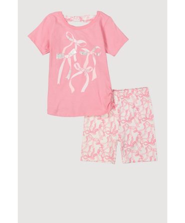 Little Girls Bow Graphic Print Top and Biker Shorts