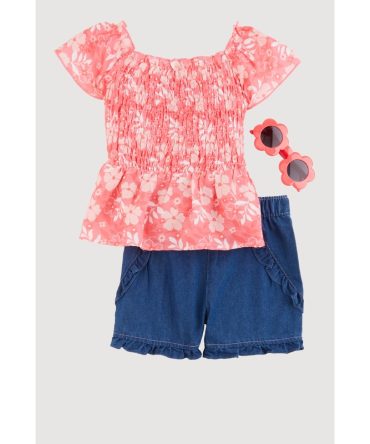 Little Girls Floral Print Smocked Top and Shorts Set