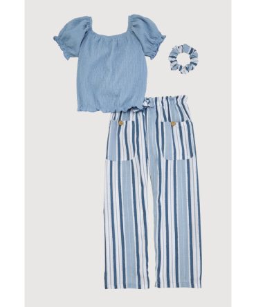 Little Girls Smocked Puff Sleeve Top and Striped Pants
