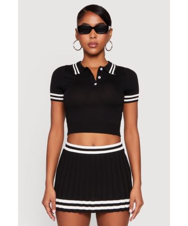 Varsity Stripe Detail Cropped Polo Shirt