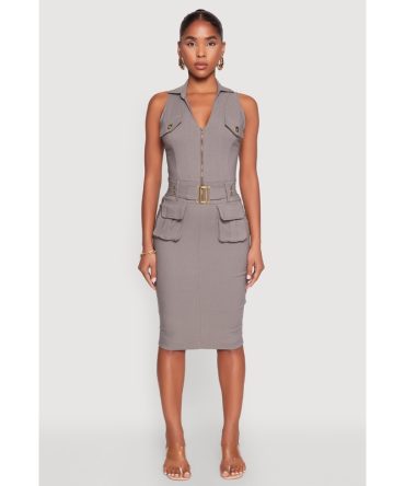 Zip Front Belted Cargo Dress