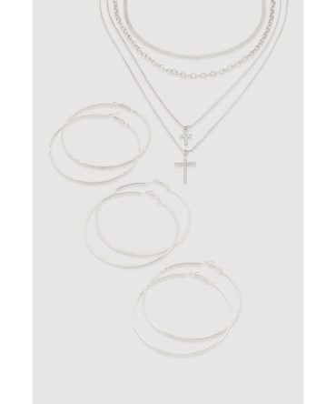 Cross Layered Necklace with Hoop Earring Trio