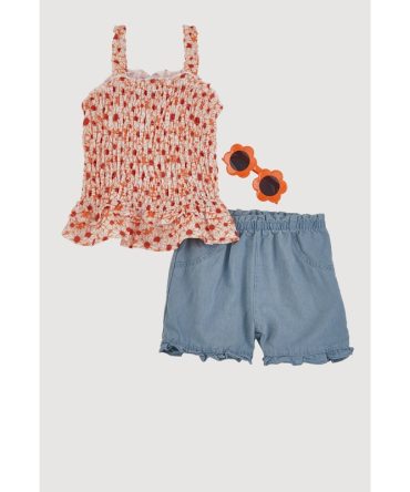 Little Girls Daisy Print Smocked Top and Shorts Set