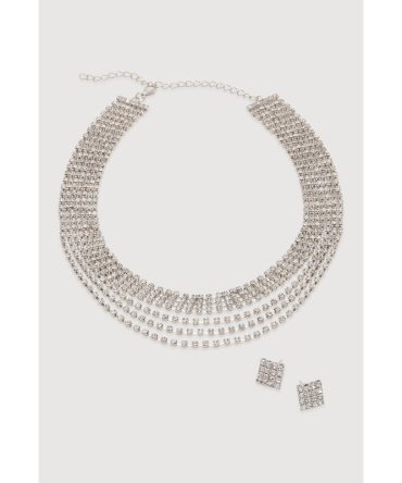 Rhinestone Layered Choker Necklace with Stud Earrings