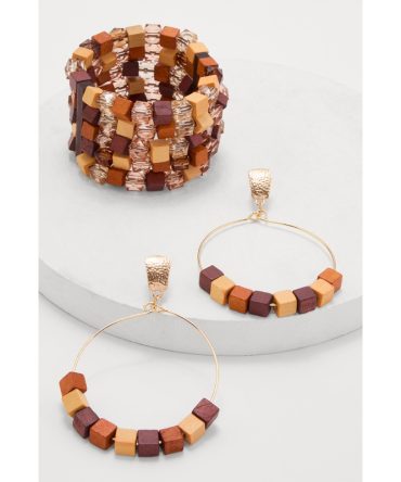 Wooden Layered Stretch Bracelet and Drop Hoop Earrings