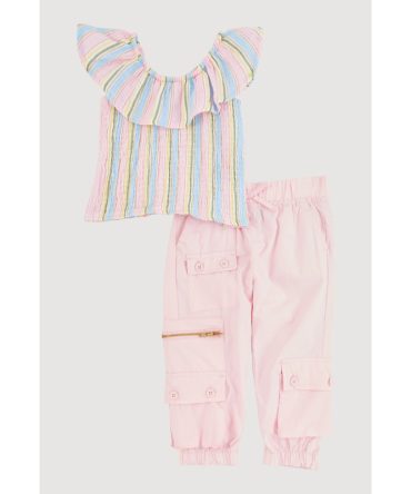 Baby Girls 12-24M Ruffle Overlay Smocked Top and Cargo Joggers
