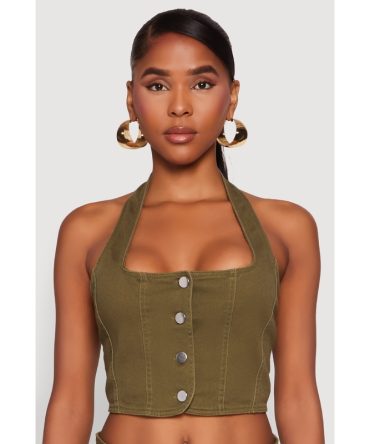 Button Front Cropped Halter Top