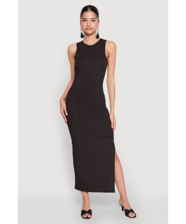Crew Neck Rib Knit Side Slit Maxi Dress