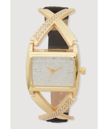 Faux Leather Band Rhinestone Studded Watch