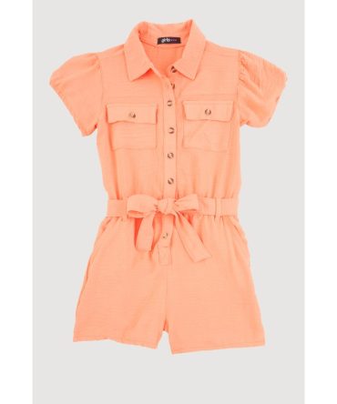 Girls Puff Sleeve Tie Waist Belted Romper
