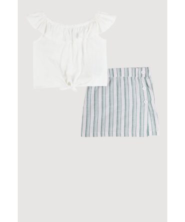 Girls Ruffle Overlay Tie Front Top and Stripe Skort