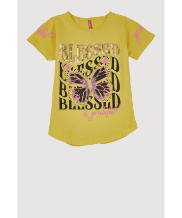Girls Sequin Blessed And Grateful Butterfly Tee