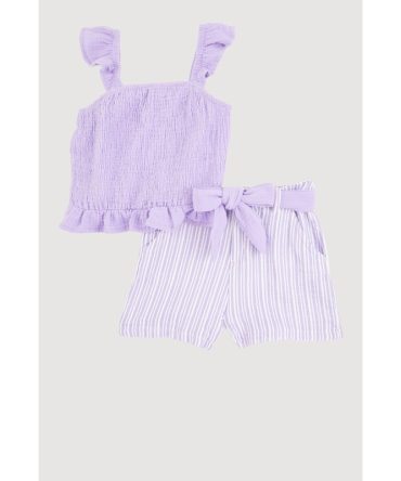 Little Girls Ruffle Smocked Top and Tie Waist Striped Shorts