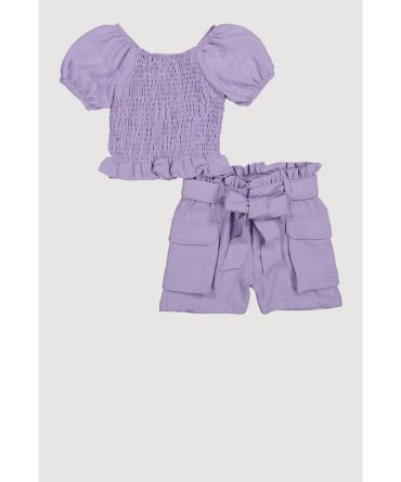 Little Girls Smocked Puff Sleeve Top and Cargo Shorts