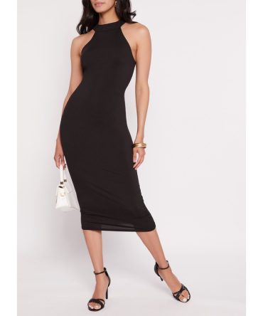 Ribbed High Neck Midi Dress