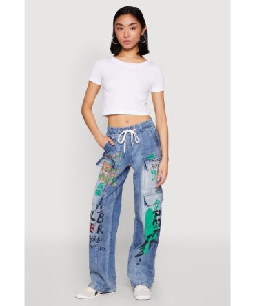 Spoon Jeans Graffiti Print Denim Cargo Pants