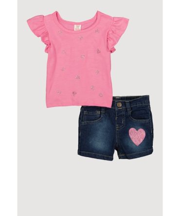 Toddler Girls Glitter Heart Graphic Tee and Denim Shorts