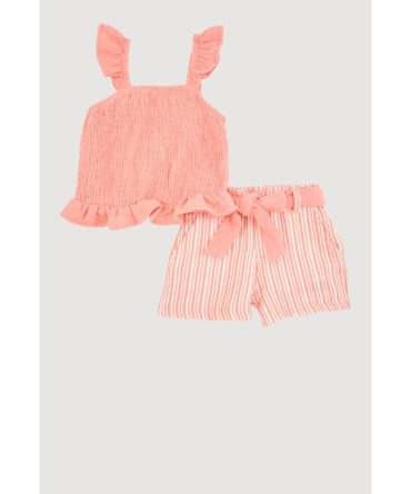 Toddler Girls Smocked Peplum Tee and Tie Waist Belt Shorts