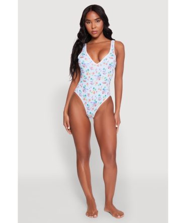 Tropical Gingham Print One Piece Swimsuit