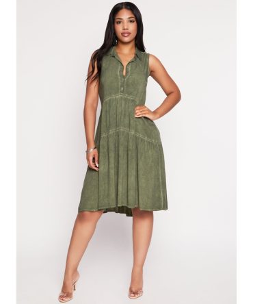 Acid Wash Snap Button Tiered Midi Dress