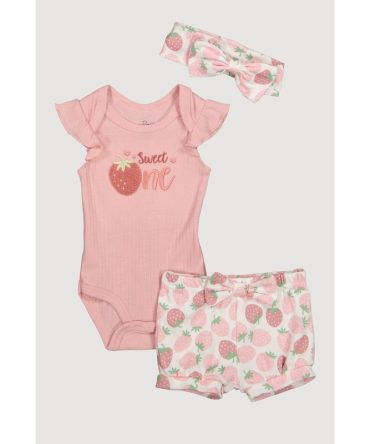 Baby Girls 0-9M Chenille Sweet One Patch Graphic Bodysuit and Shorts
