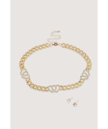 Cubic Zirconia Heart Curb Chain Necklace with Stud Earrings