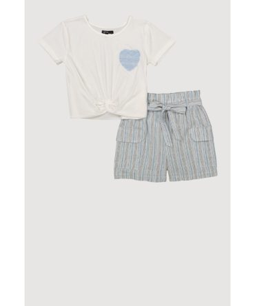 Girls Heart Knot Front Tee and Striped Cargo Shorts