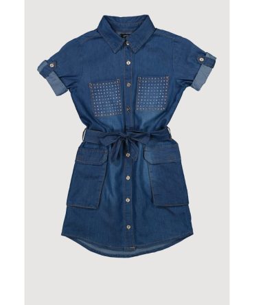 Girls Rhinestone Chambray Shirt Dress