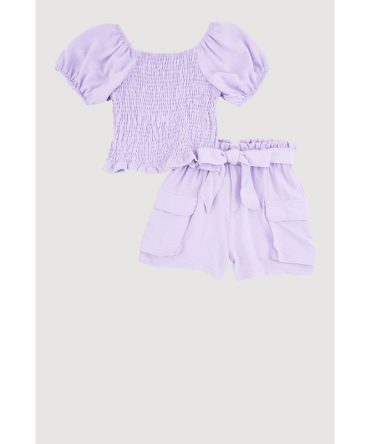 Girls Smocked Blouse and Tie Waist Cargo Shorts