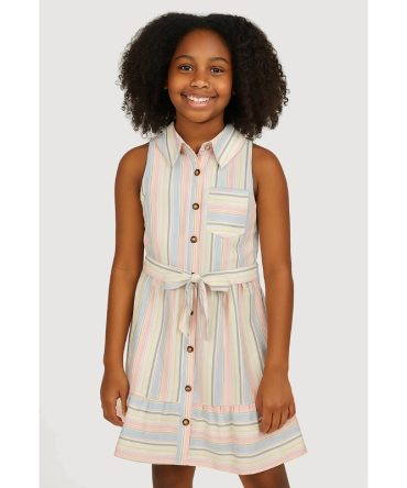 Girls Striped Sleeveless Flounce Hem Shirt Dress