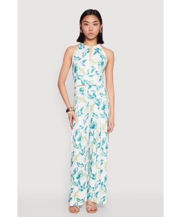 Leaf Print Wide Leg Pants