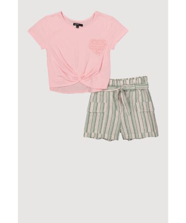 Little Girls Heart Twist Front Tee and Striped Cargo Shorts